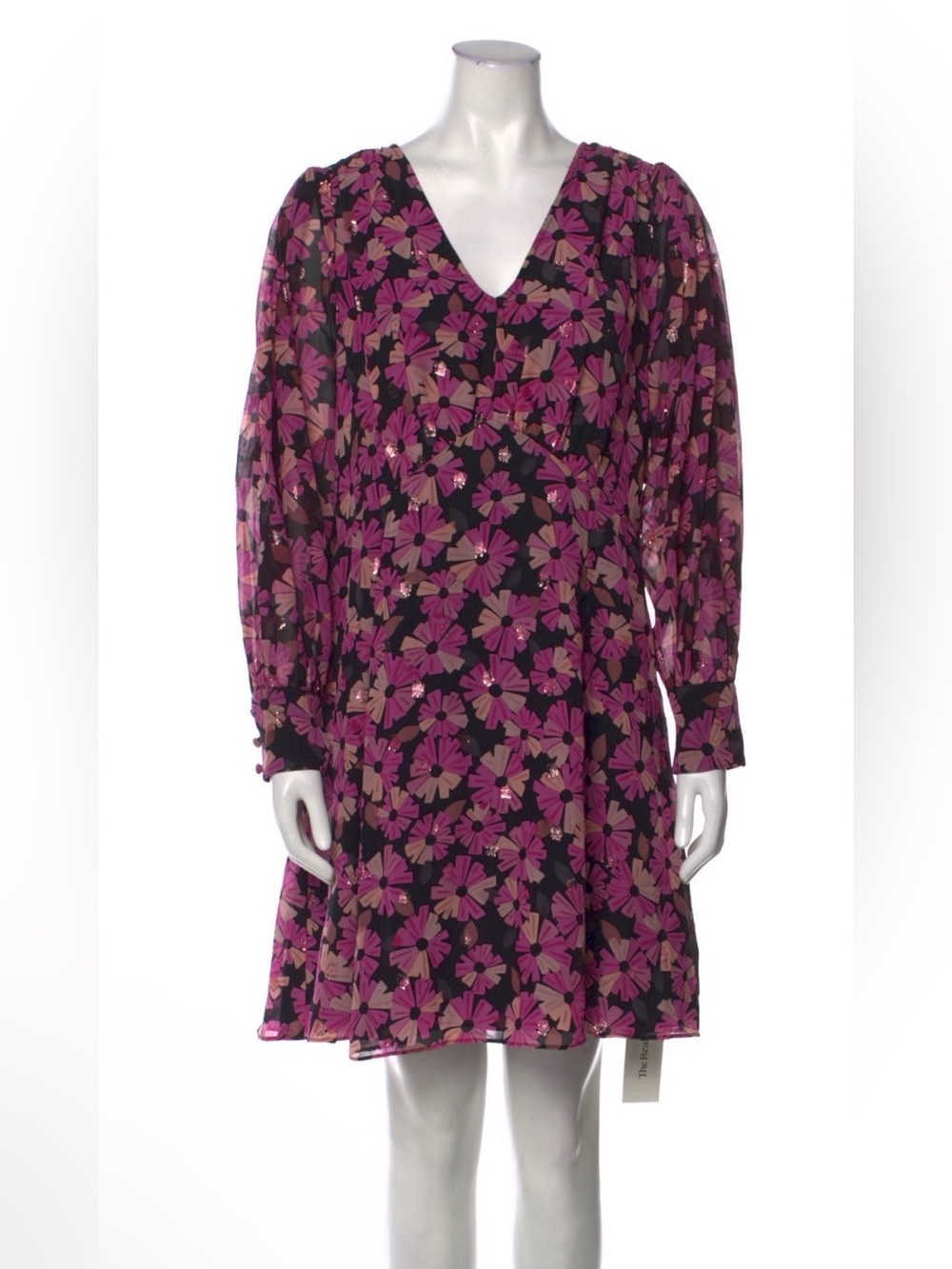 Kate Spade Pink and Black Floral V-Neck Long-Sleeve Dress